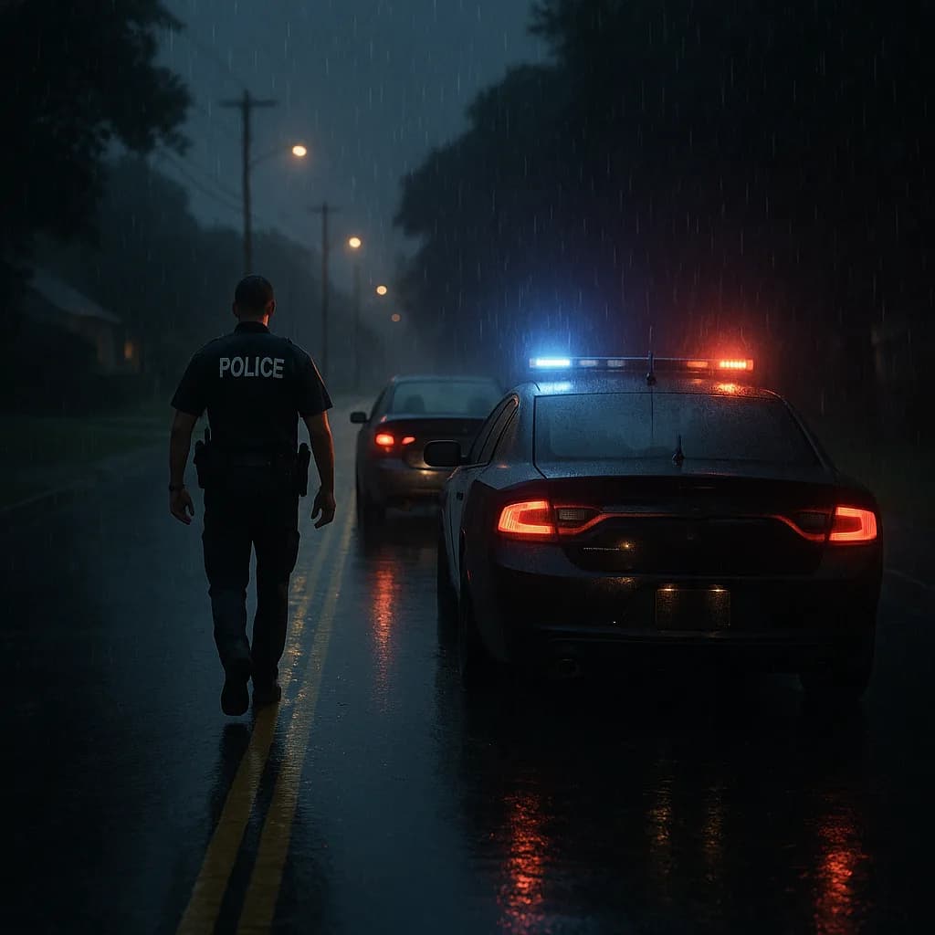 Police officer walking toward patrol car with flashing lights on rainy night street