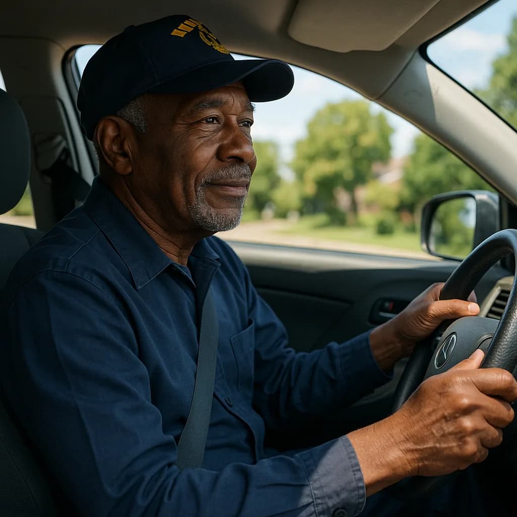 Delivery driver in navy uniform and cap sitting in vehicle driver's seat smiling at camera