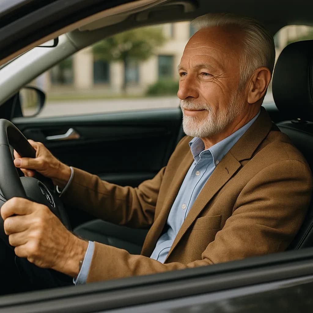 Senior man with gray beard driving car while wearing tan blazer and blue shirt