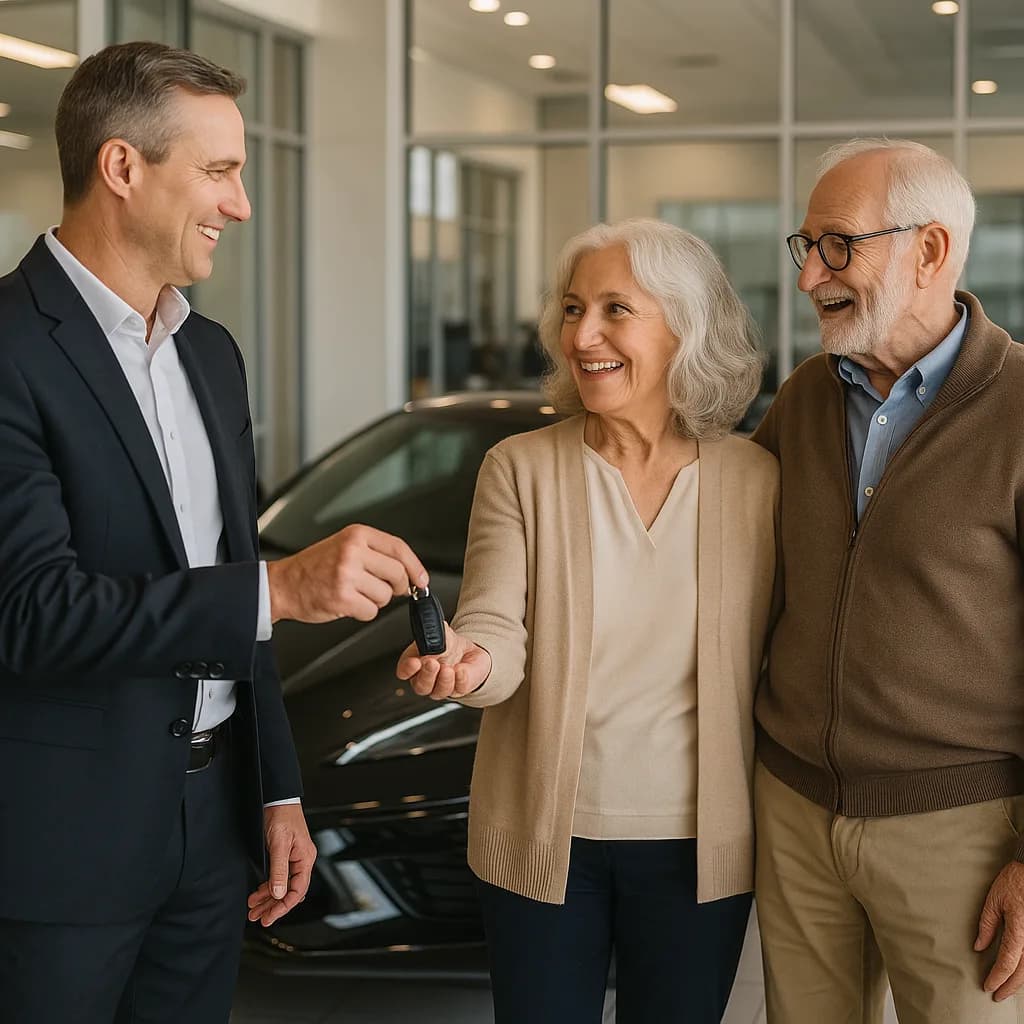 Car salesman handing keys to happy senior couple at dealership showroom