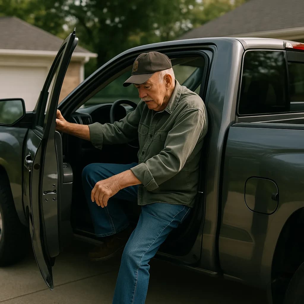 Elderly man in olive shirt and cap getting out of gray pickup truck in residential driveway