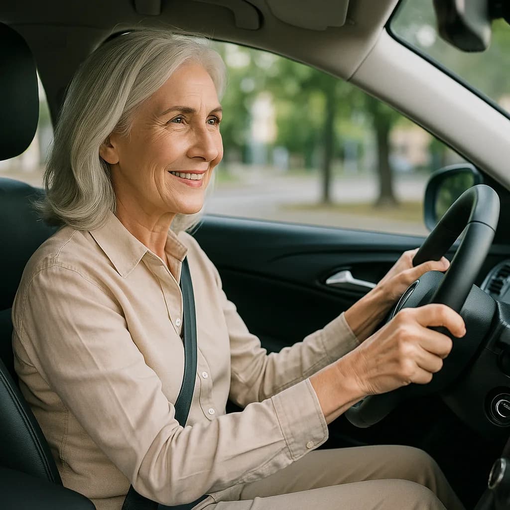 Senior woman with gray hair smiling while driving a car, wearing beige shirt and seatbelt