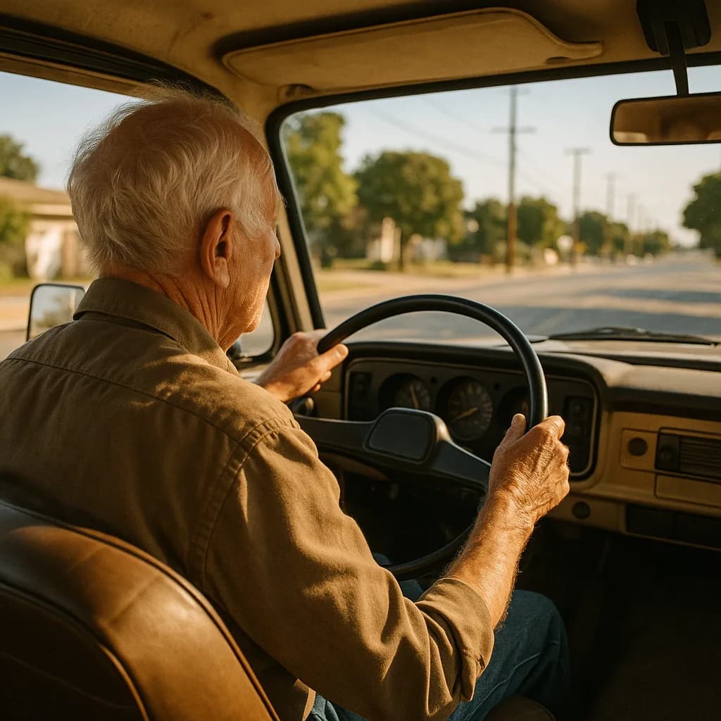 Elderly man with white hair driving vintage car on suburban road, photographed from behind in warm lighting