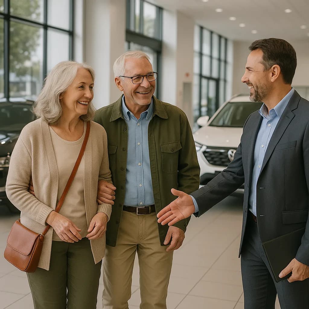 Car salesman greeting senior couple in modern automotive dealership showroom