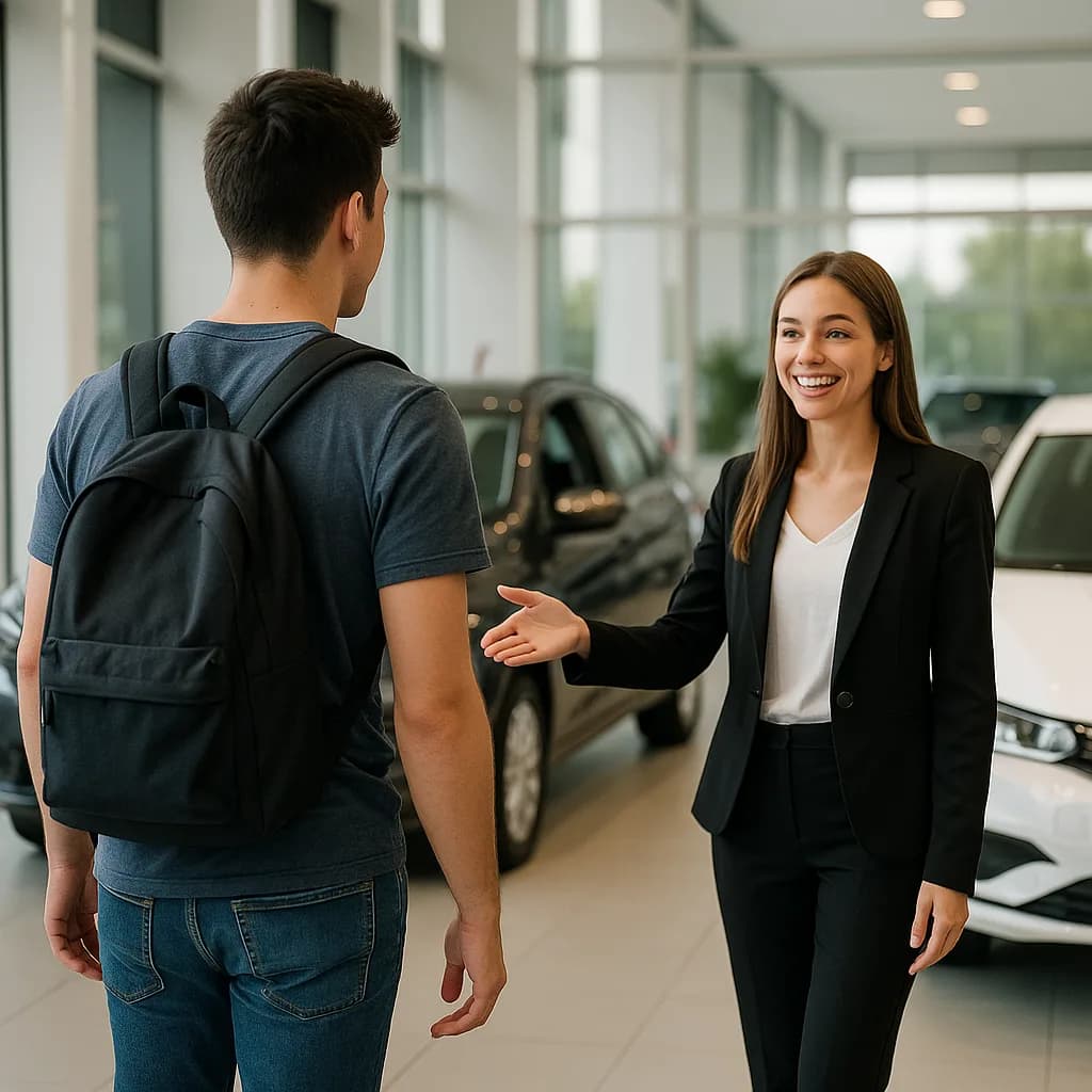 Female car salesperson greeting male customer in modern dealership showroom