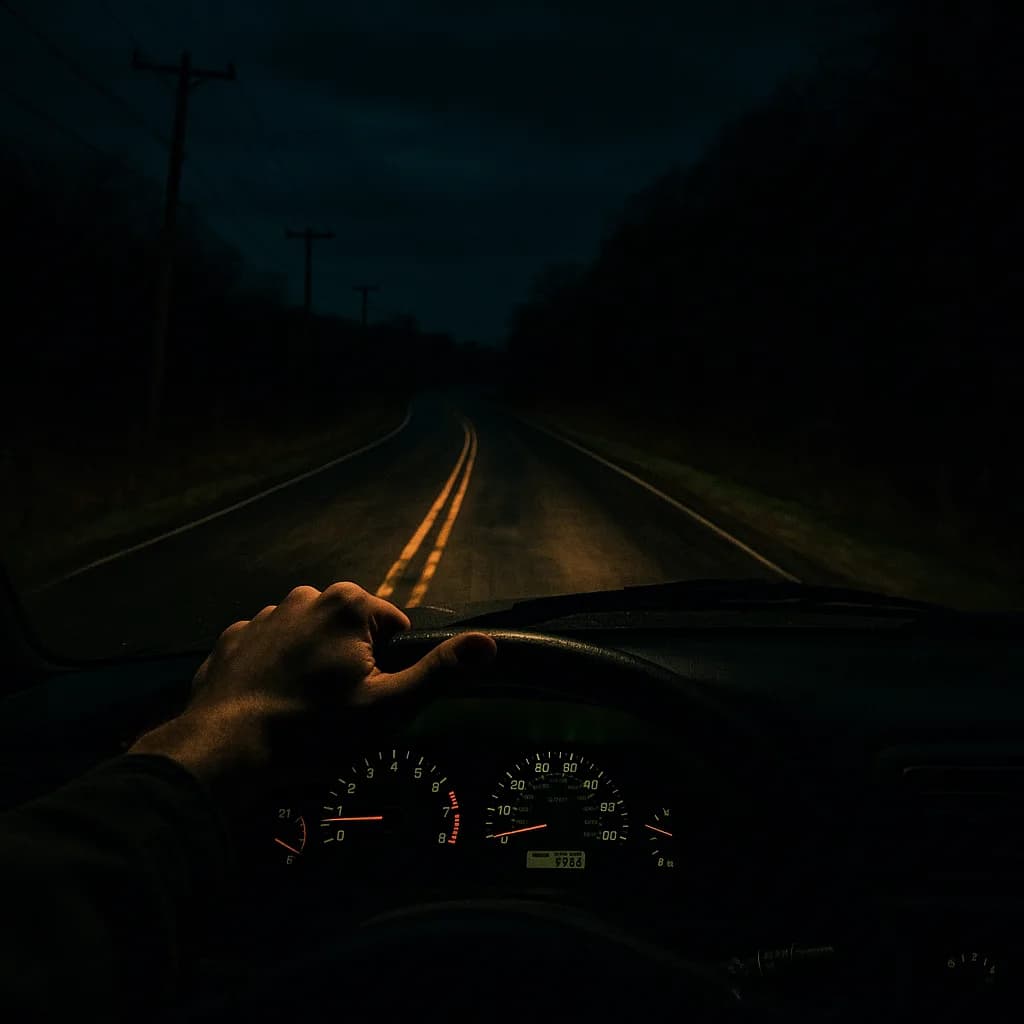 Driver's hand on steering wheel during nighttime drive on dark rural road with illuminated dashboard