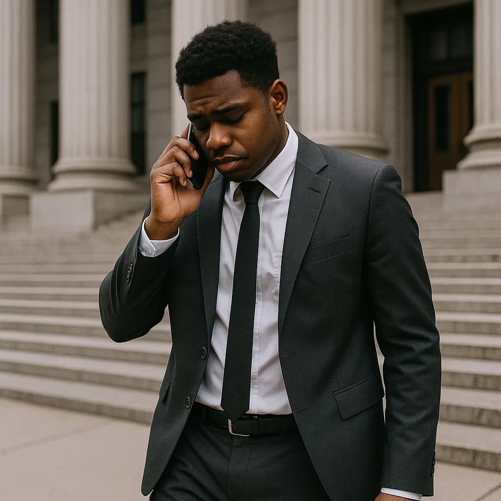 Businessman in suit talking on phone outside building with columns