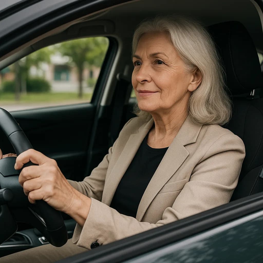 Elegant senior woman with gray hair driving a car, wearing a beige blazer