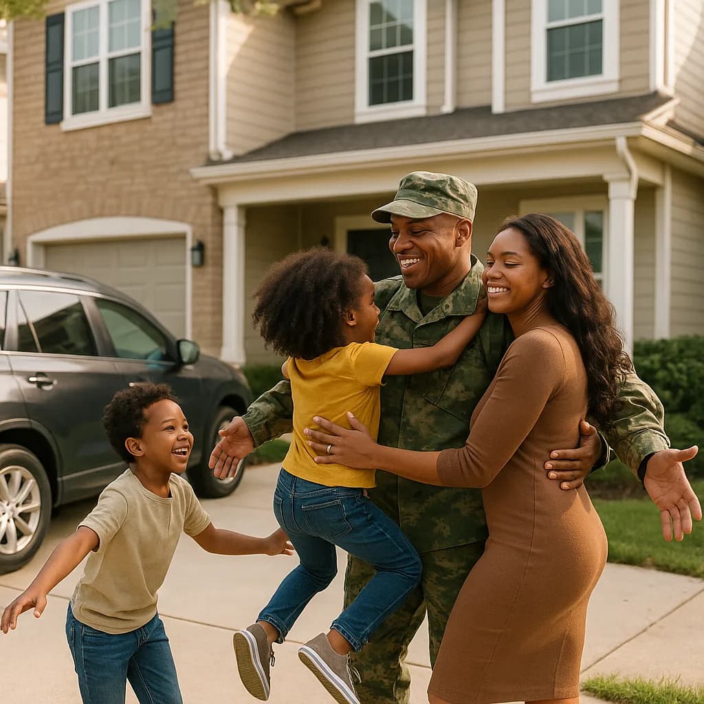Military service member in uniform reuniting with family outside suburban home in emotional homecoming embrace