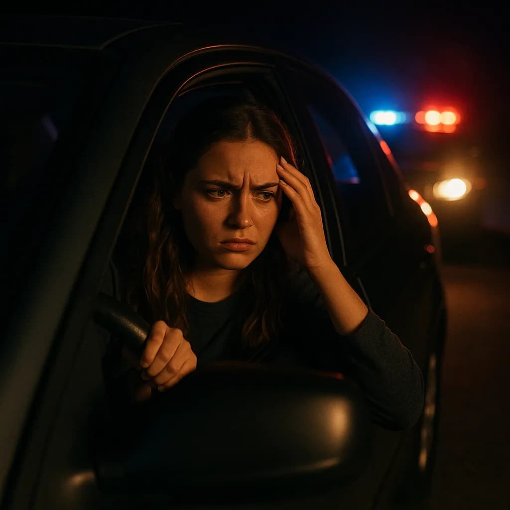 Worried woman with hand on forehead at night with police car lights in background