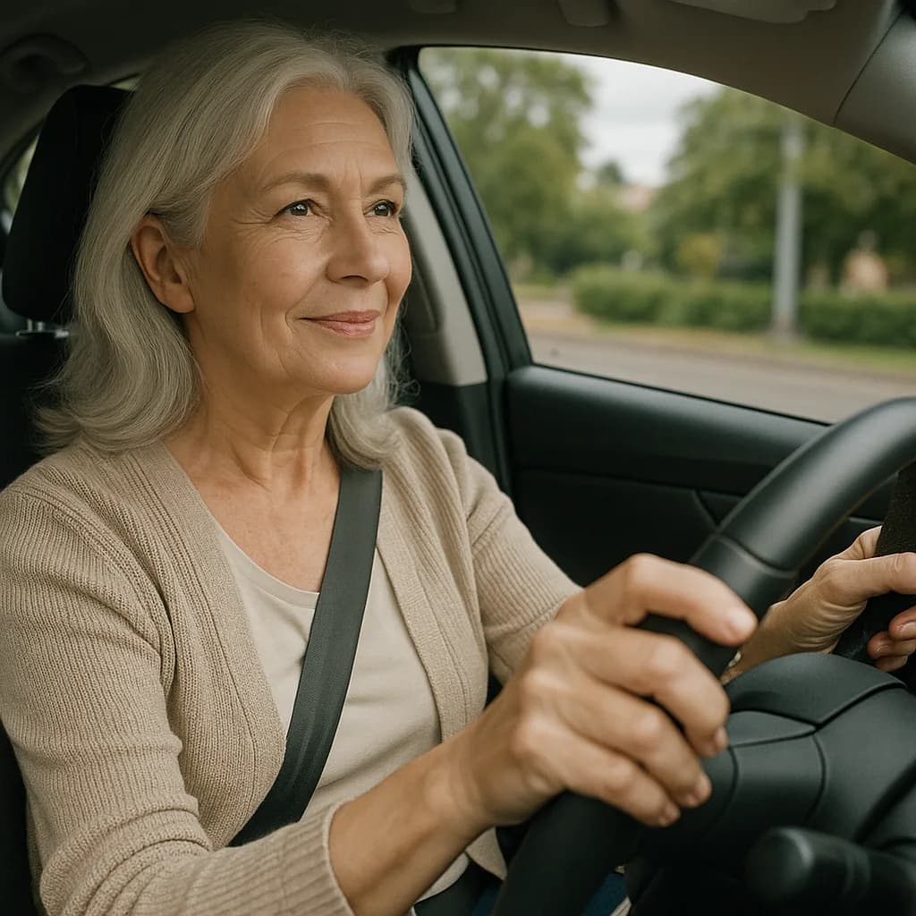 Senior woman with gray hair smiling while driving a car, wearing beige cardigan and seatbelt