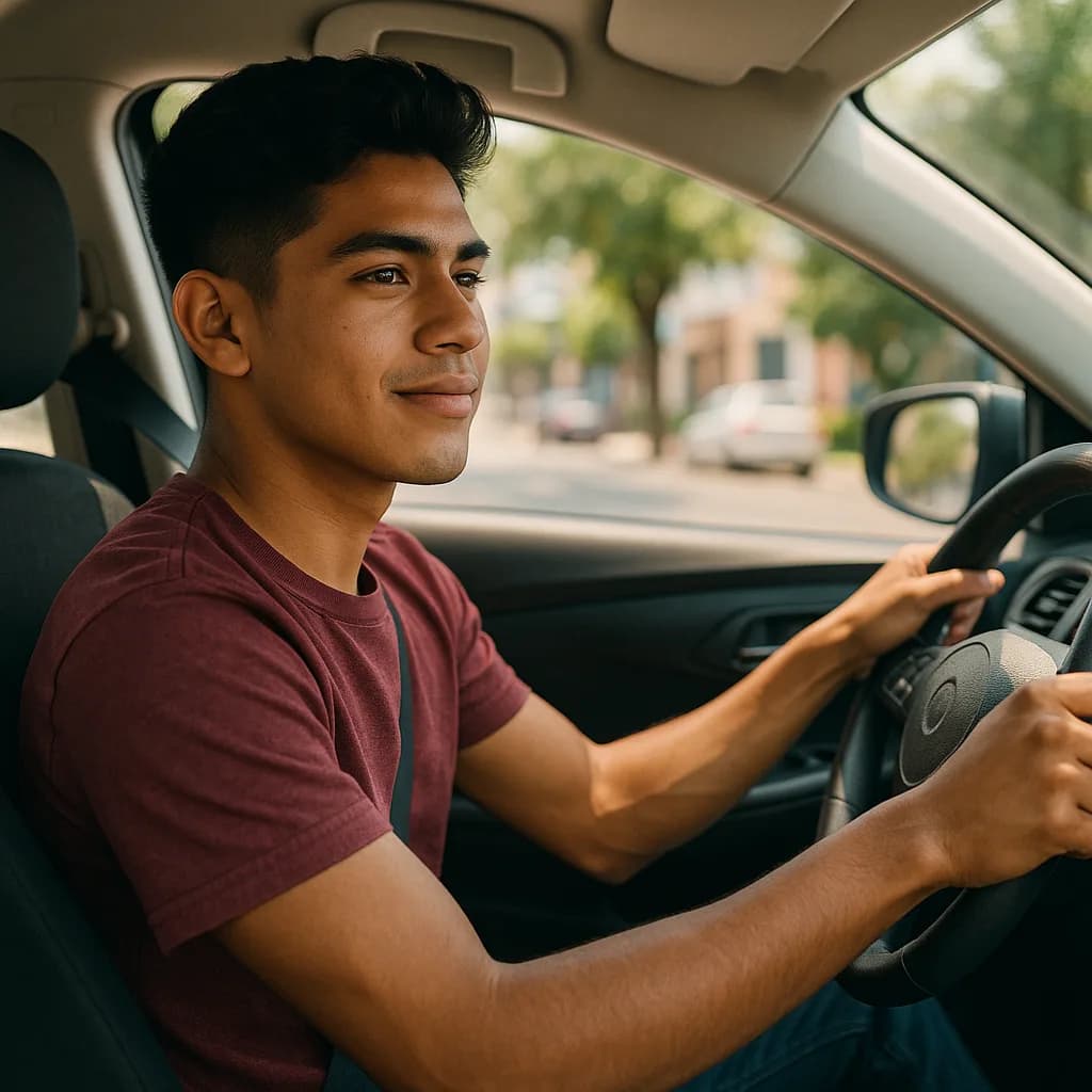 Young man in burgundy shirt driving car, smiling while holding steering wheel on residential street