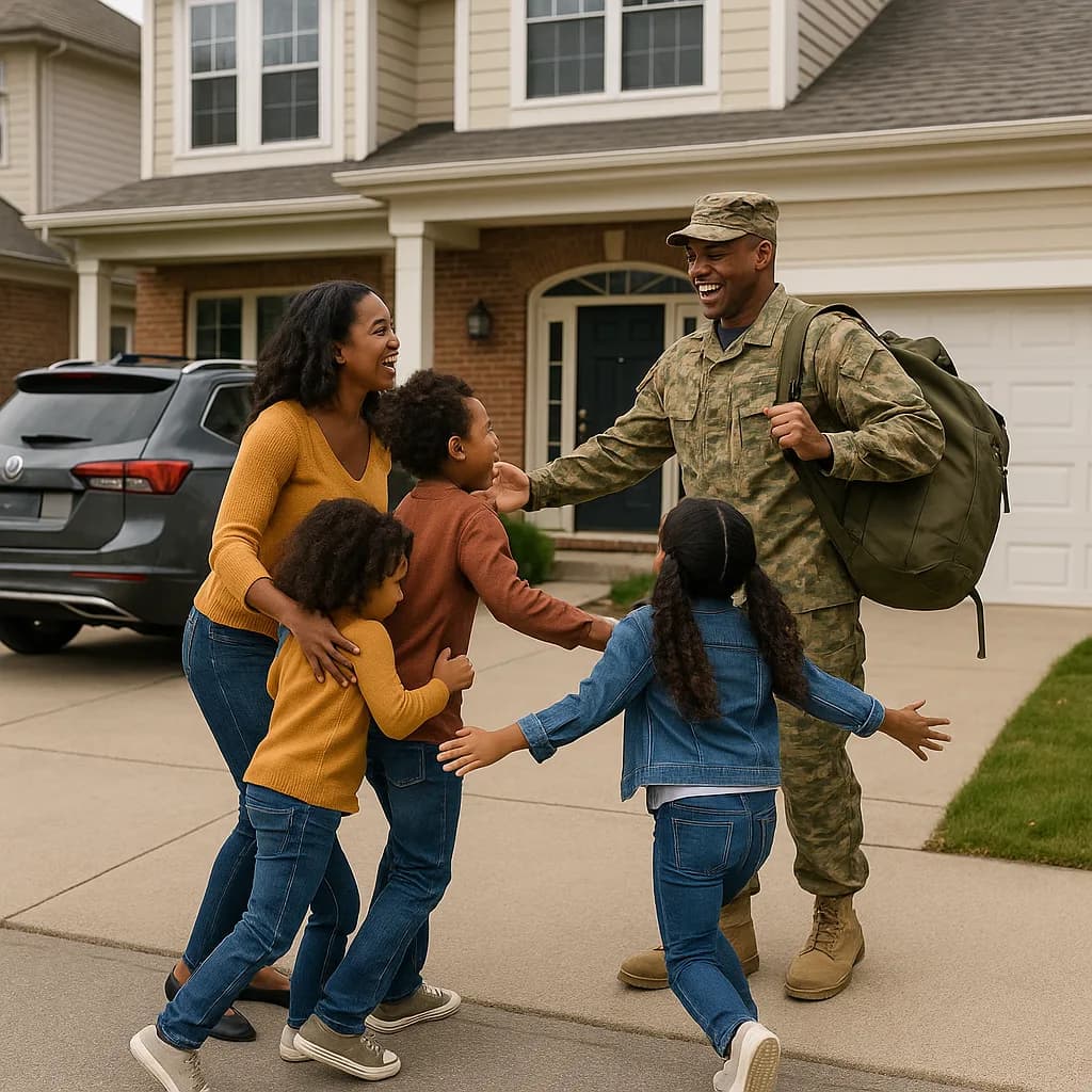 Military servicemember reuniting with family in driveway as children run to embrace them