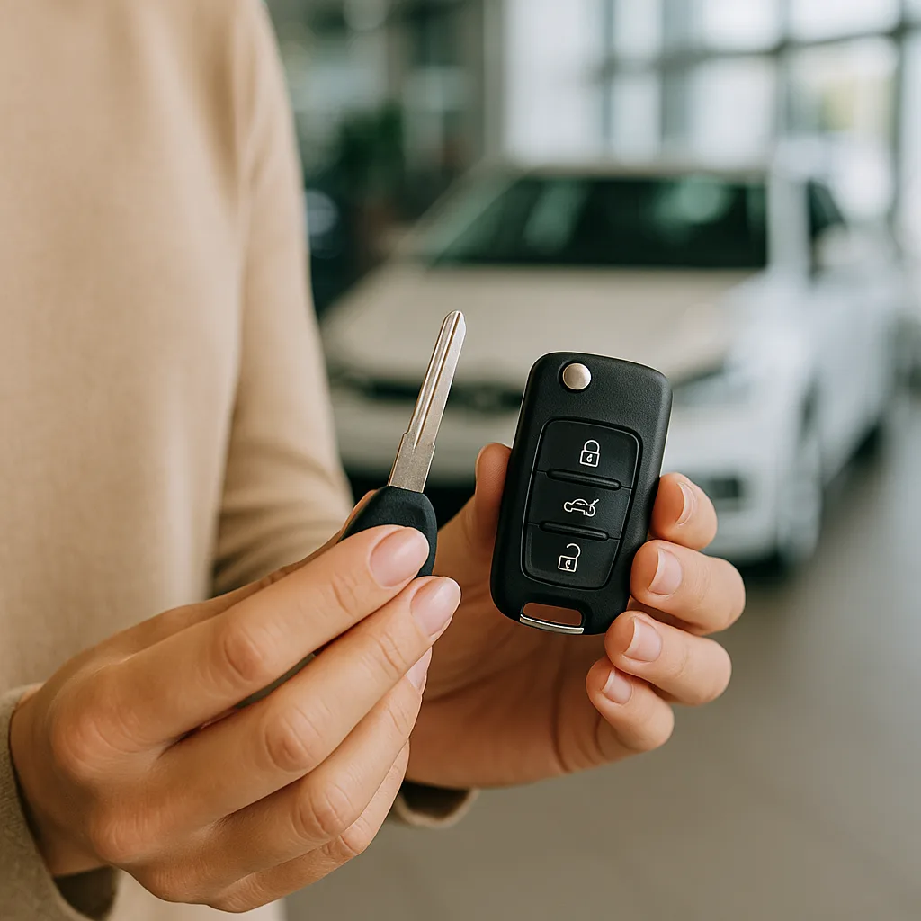 Person holding car key fob and metal key blade in car dealership showroom