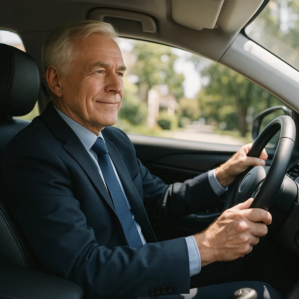 Senior businessman in navy suit smiling while driving car
