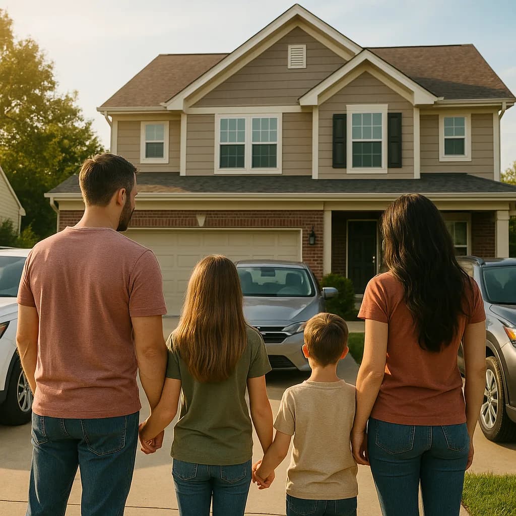 Family of four holding hands viewing their suburban two-story home from the driveway at sunset
