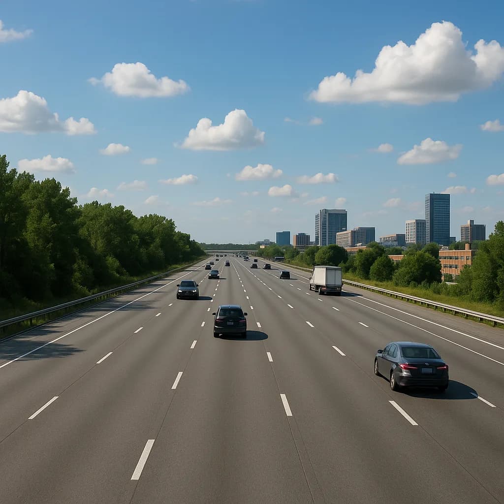 Multi-lane highway leading to city skyline with vehicles, trees, and blue sky with white clouds