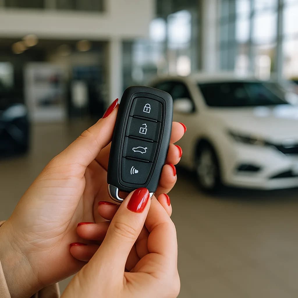 Hand with red nails holding black car key fob in dealership showroom with white cars in background
