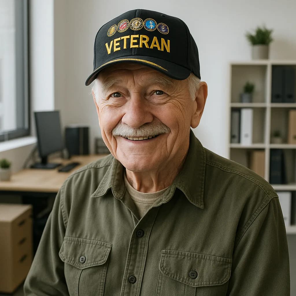 Elderly veteran wearing black VETERAN cap and olive green shirt, smiling at camera in bright indoor setting