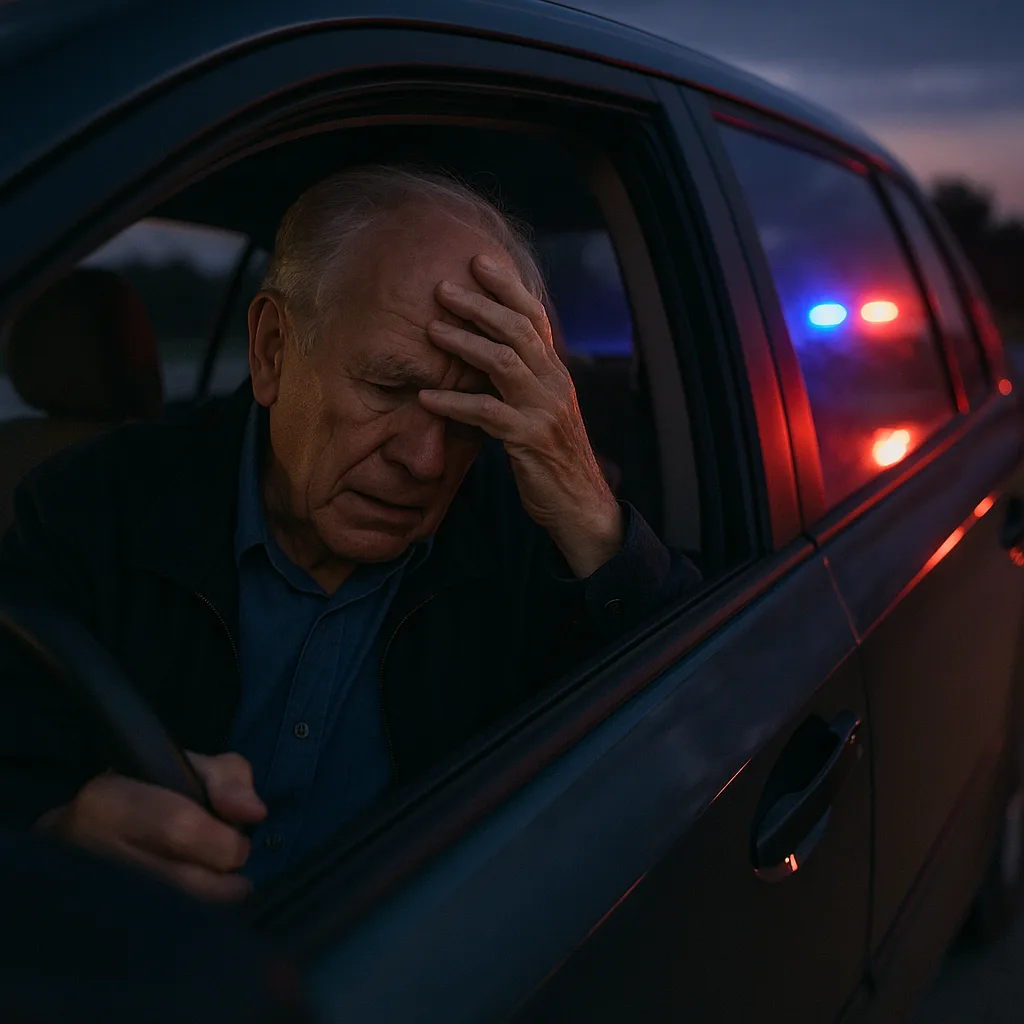 Stressed elderly driver with hand on face during police traffic stop at night with flashing lights visible
