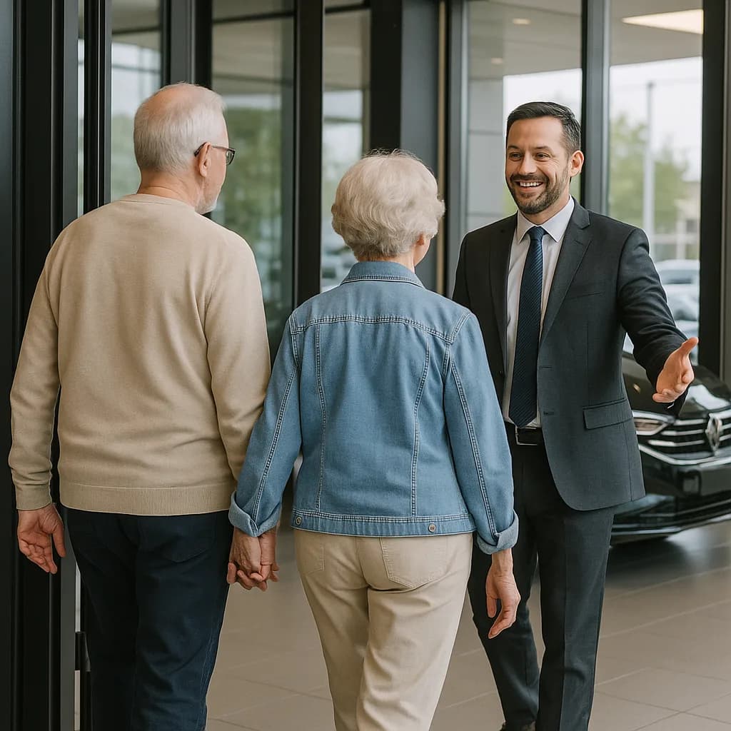 Car salesman in suit greeting elderly couple in modern dealership showroom