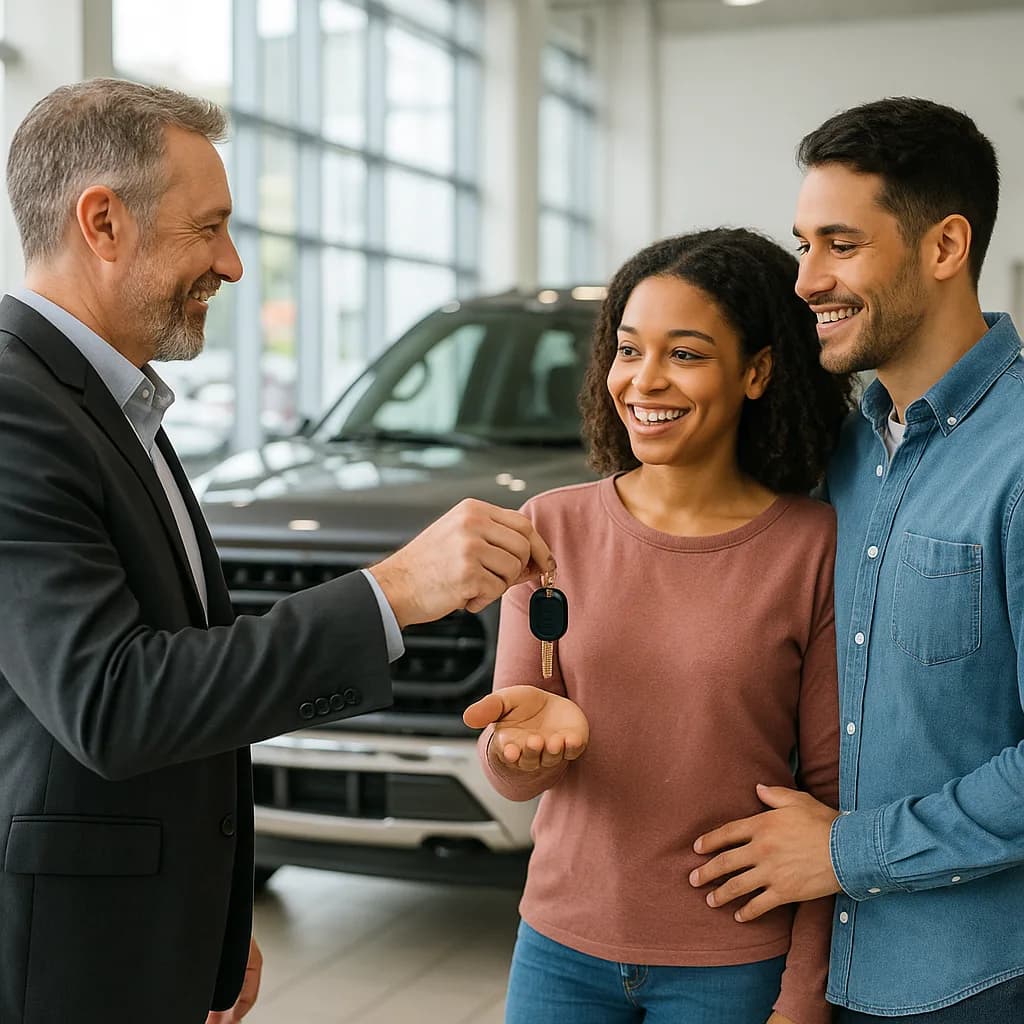 Car salesman handing keys to happy young couple at dealership showroom