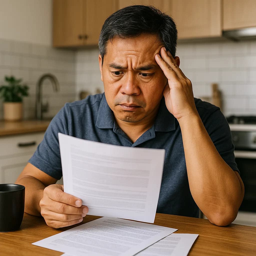 Worried man reviewing financial documents at kitchen table with hand on head showing stress