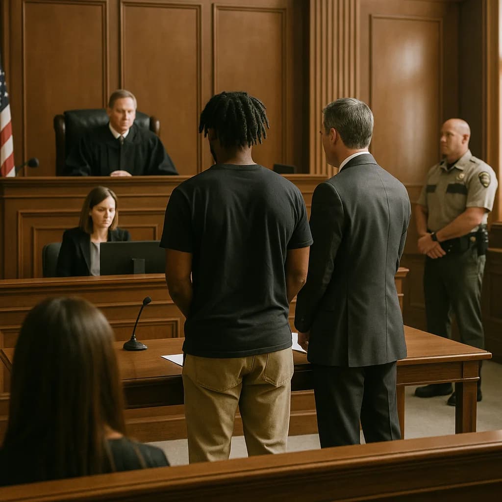 Defendant and lawyer standing before judge in traditional wood-paneled courtroom during legal proceeding