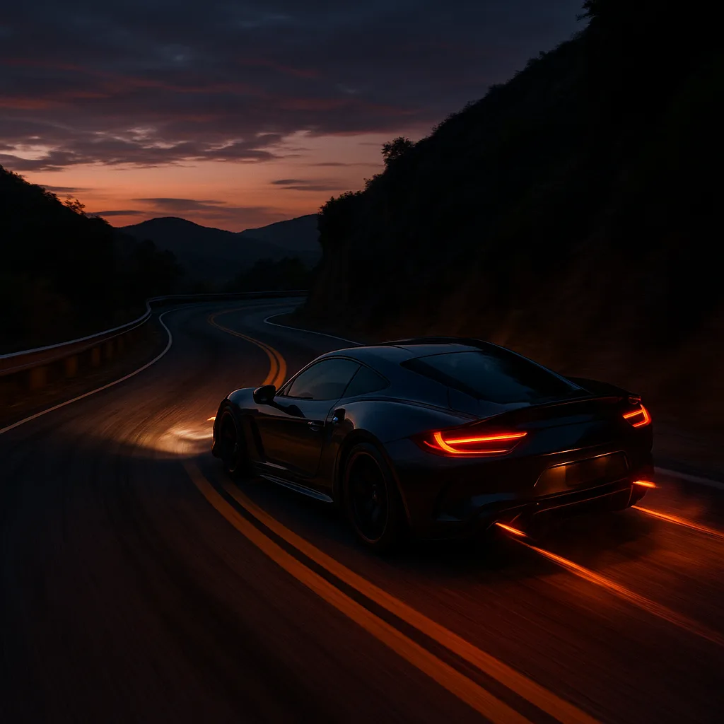 Sports car with red taillights driving on mountain road at sunset with dramatic sky