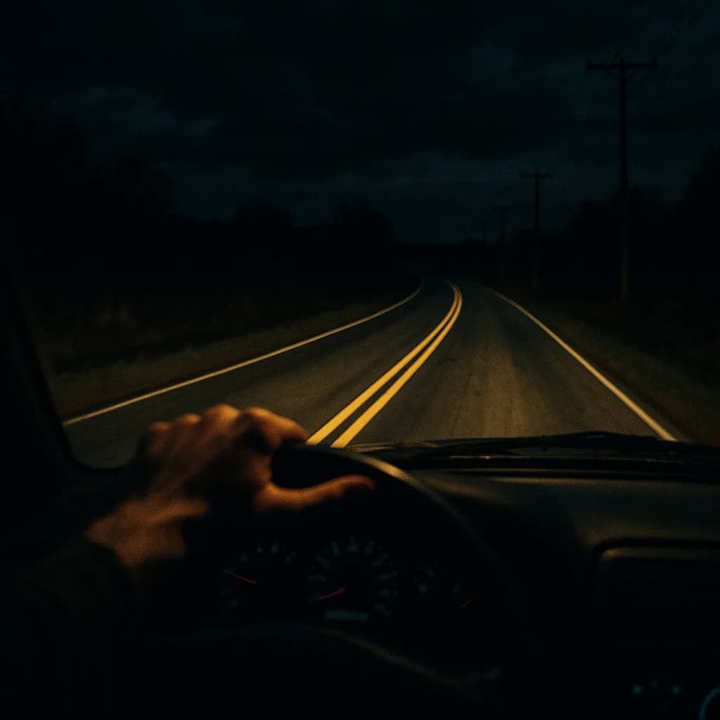 Driver's hand on steering wheel at night with illuminated highway road lines visible ahead in darkness