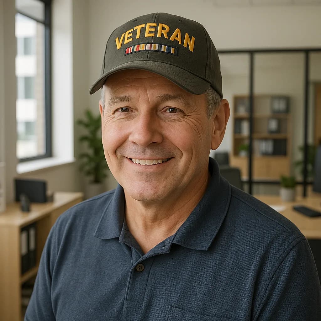 Smiling veteran wearing military cap in modern office setting