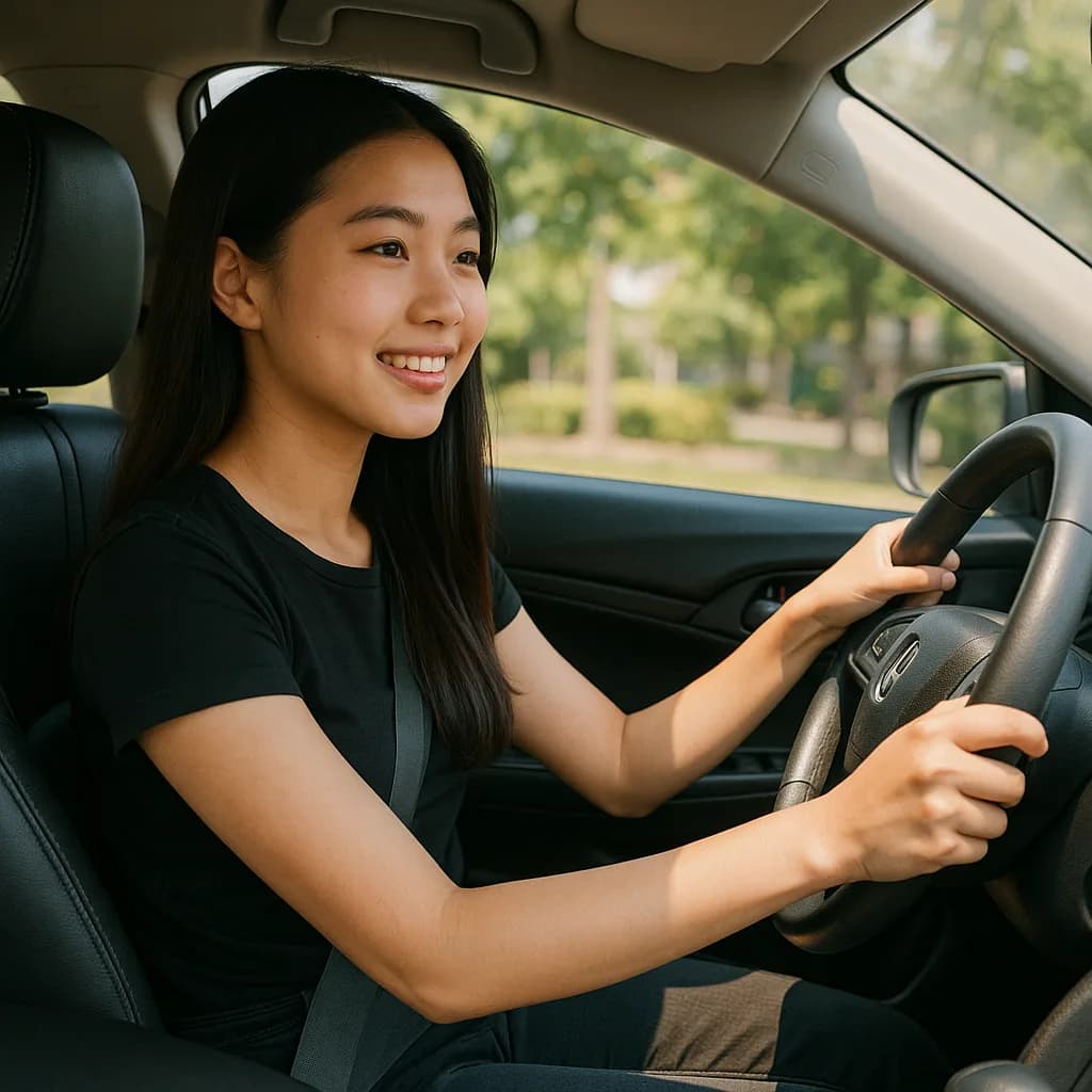 Young Asian woman smiling while sitting in driver's seat holding steering wheel with park visible through window
