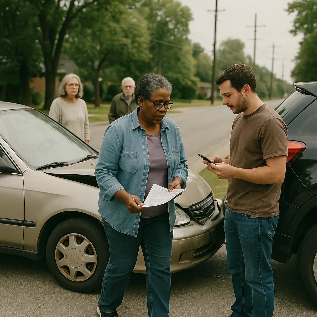 Two drivers exchanging insurance information after a car accident on a residential street