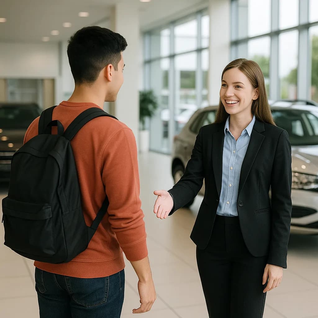Female car salesperson greeting male customer with handshake in modern auto dealership showroom