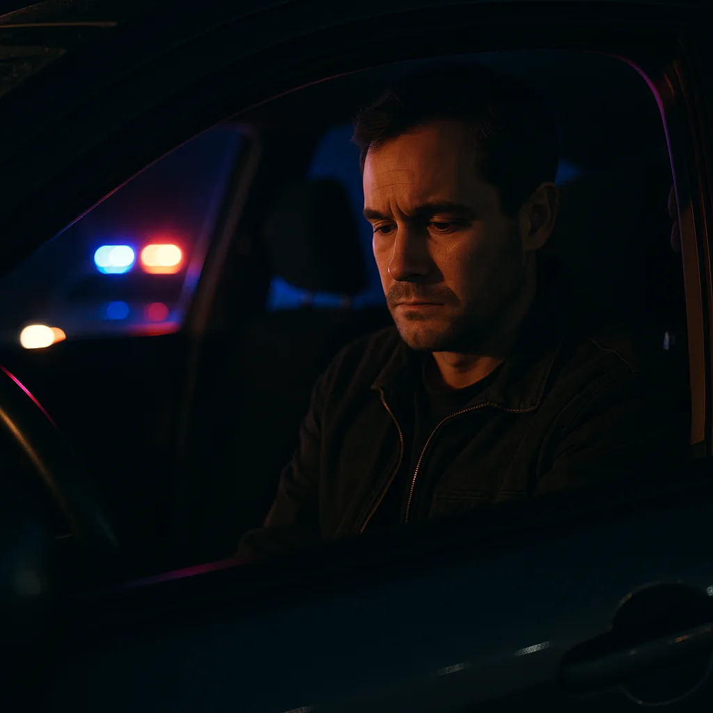 Man in car at night with police lights visible in background, dramatic lighting creating suspenseful mood