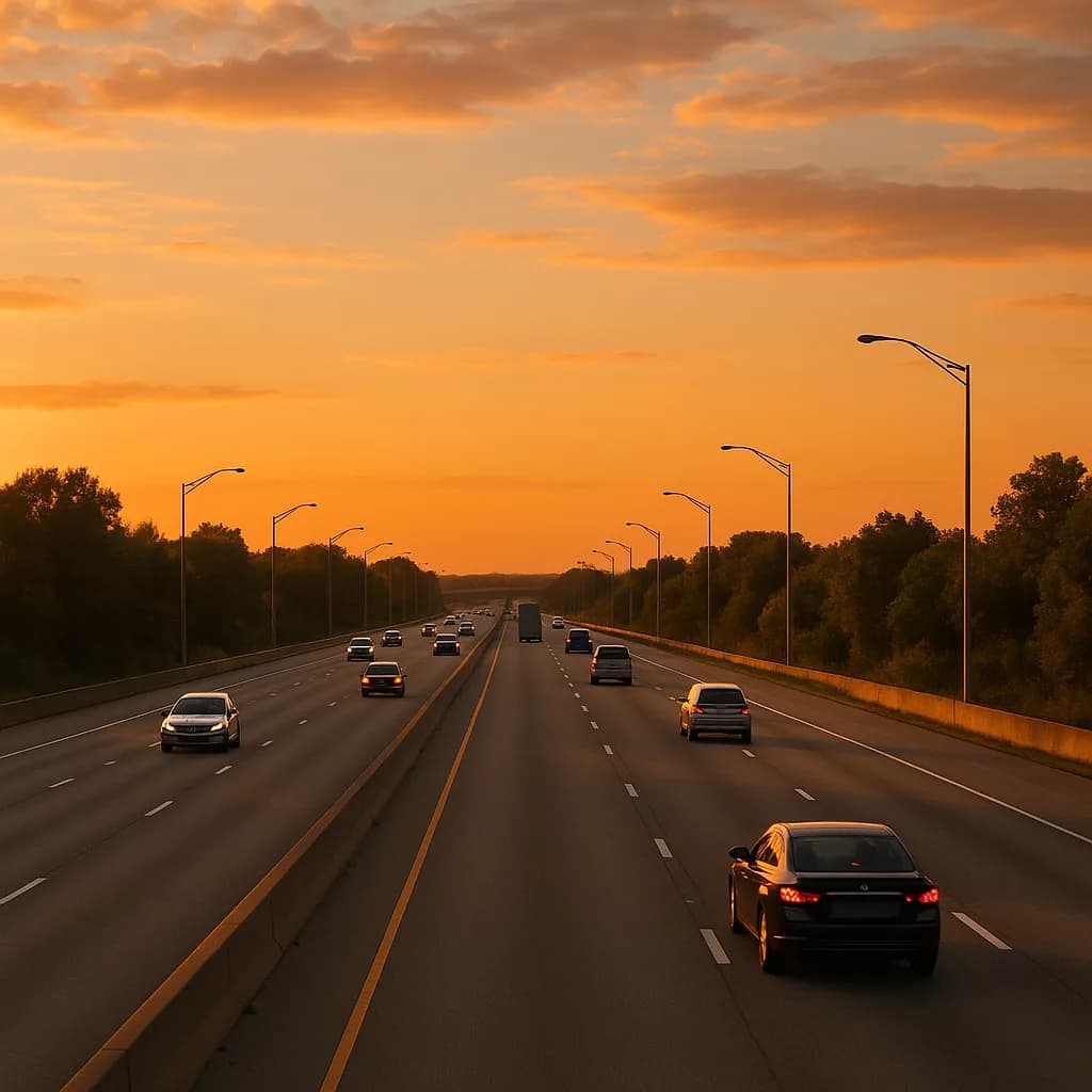 Highway at sunset with cars driving under orange sky and street lamps lining the road