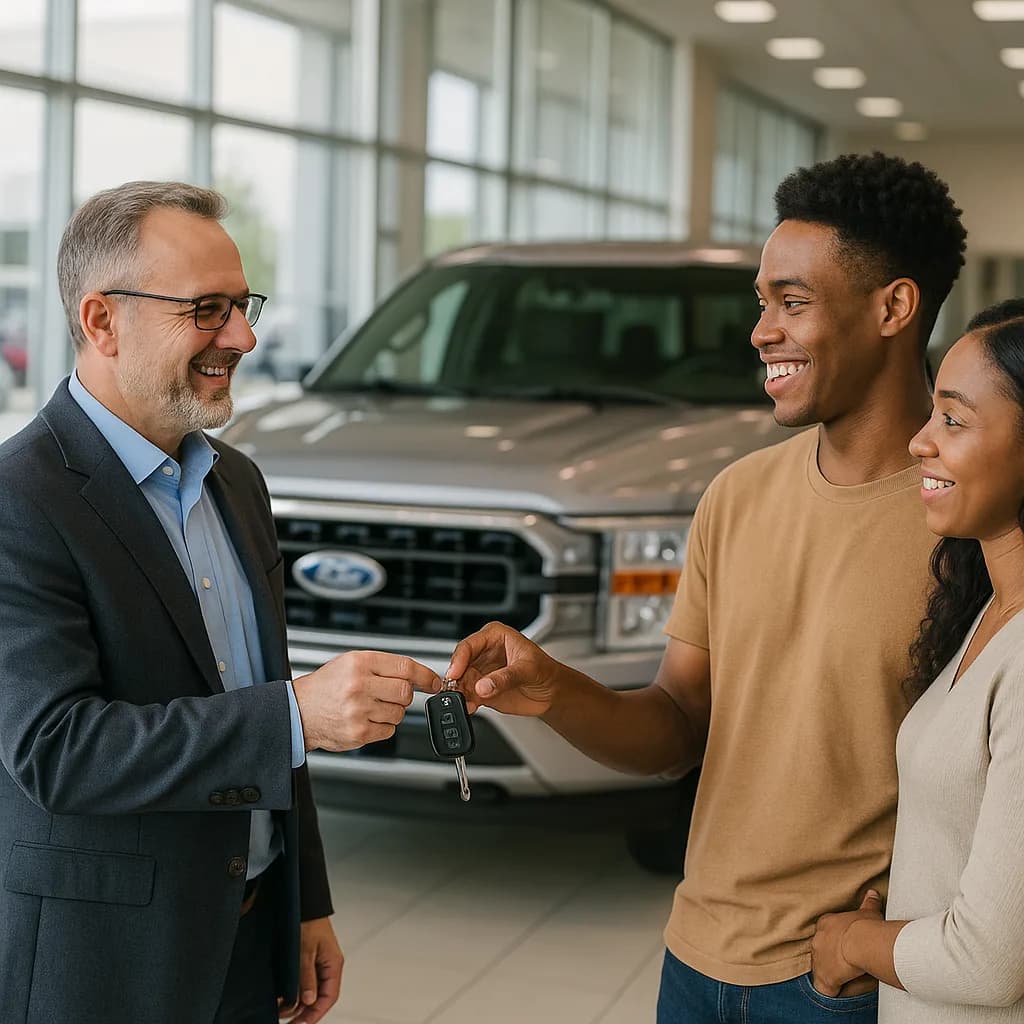 Car salesman handing keys to smiling young couple at Ford dealership showroom