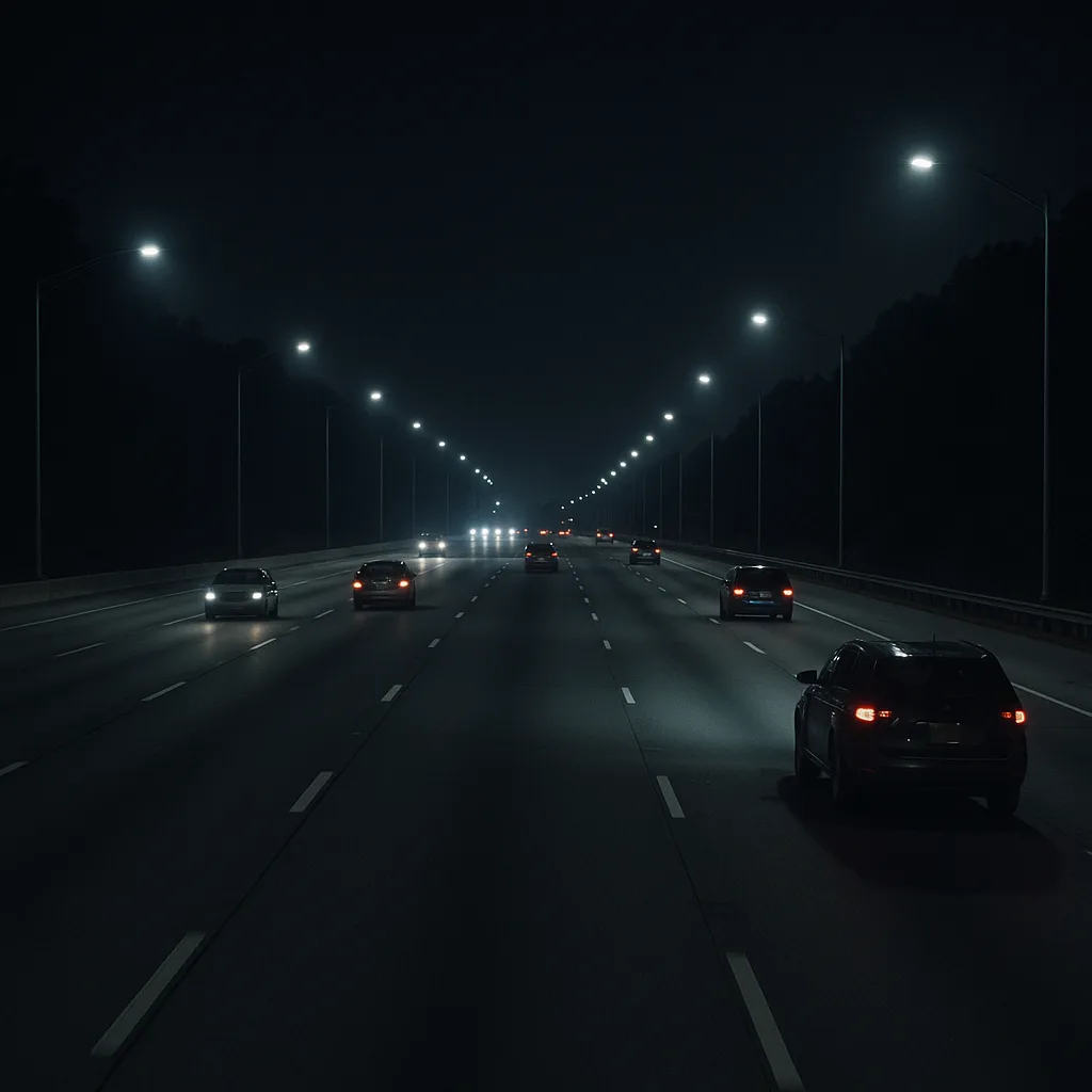Night highway scene with cars driving under street lights in dark atmospheric conditions