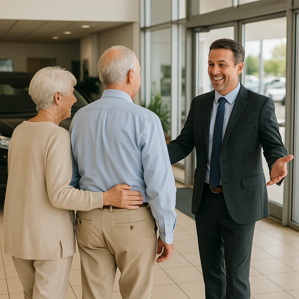 Businessman greeting elderly couple in modern office showroom