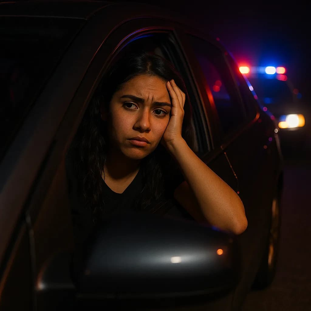 Stressed woman in car at night with police lights visible in background