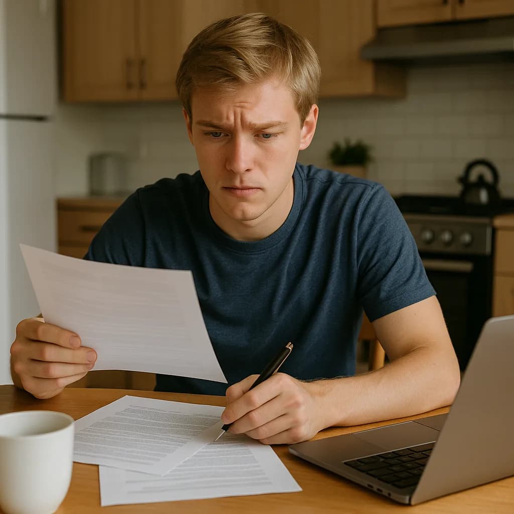 Young man reviewing financial documents or bills with worried expression at kitchen table with laptop