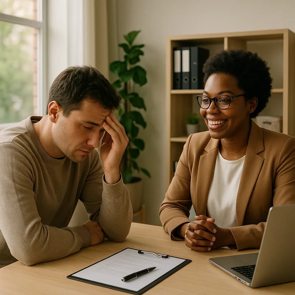 Therapist counseling distressed male client in modern office setting with natural lighting and plants