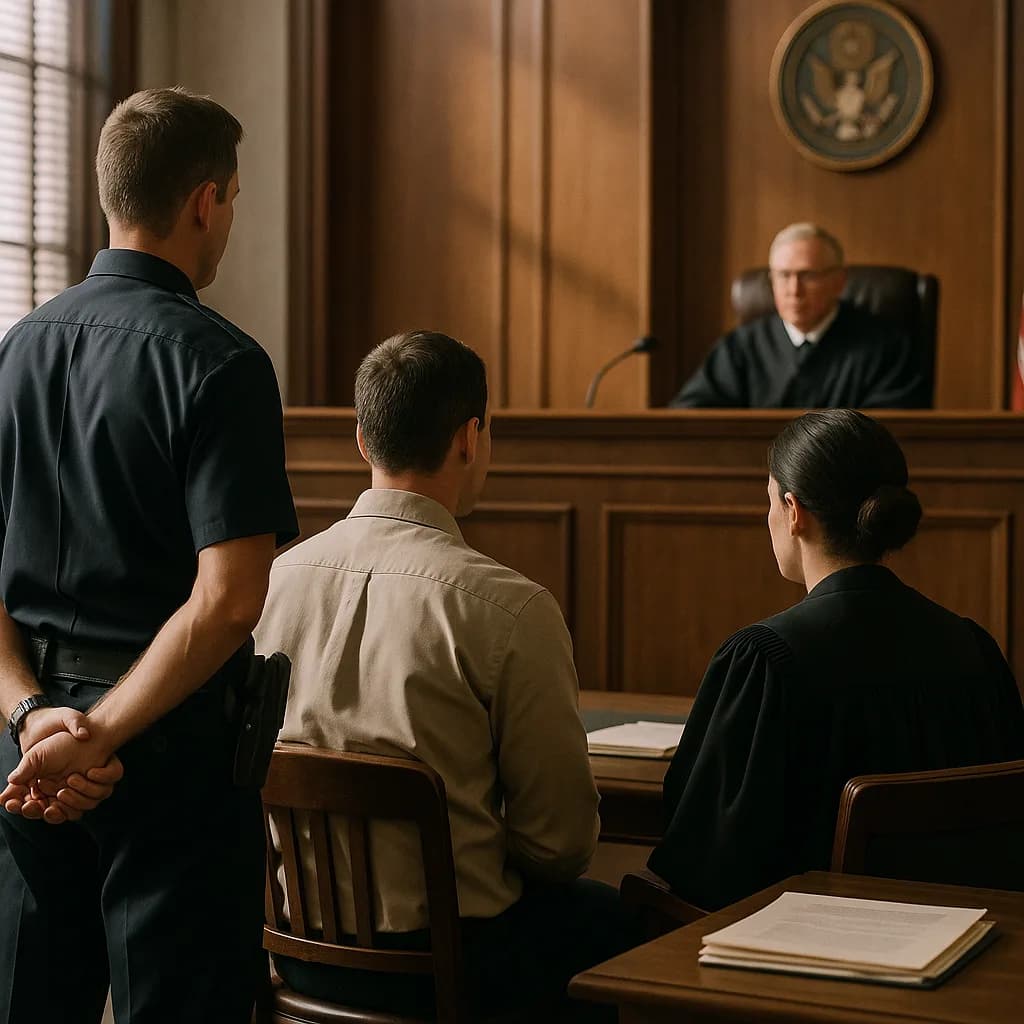 Courtroom scene with defendant, attorney, and officer standing before judge at bench in wood-paneled court