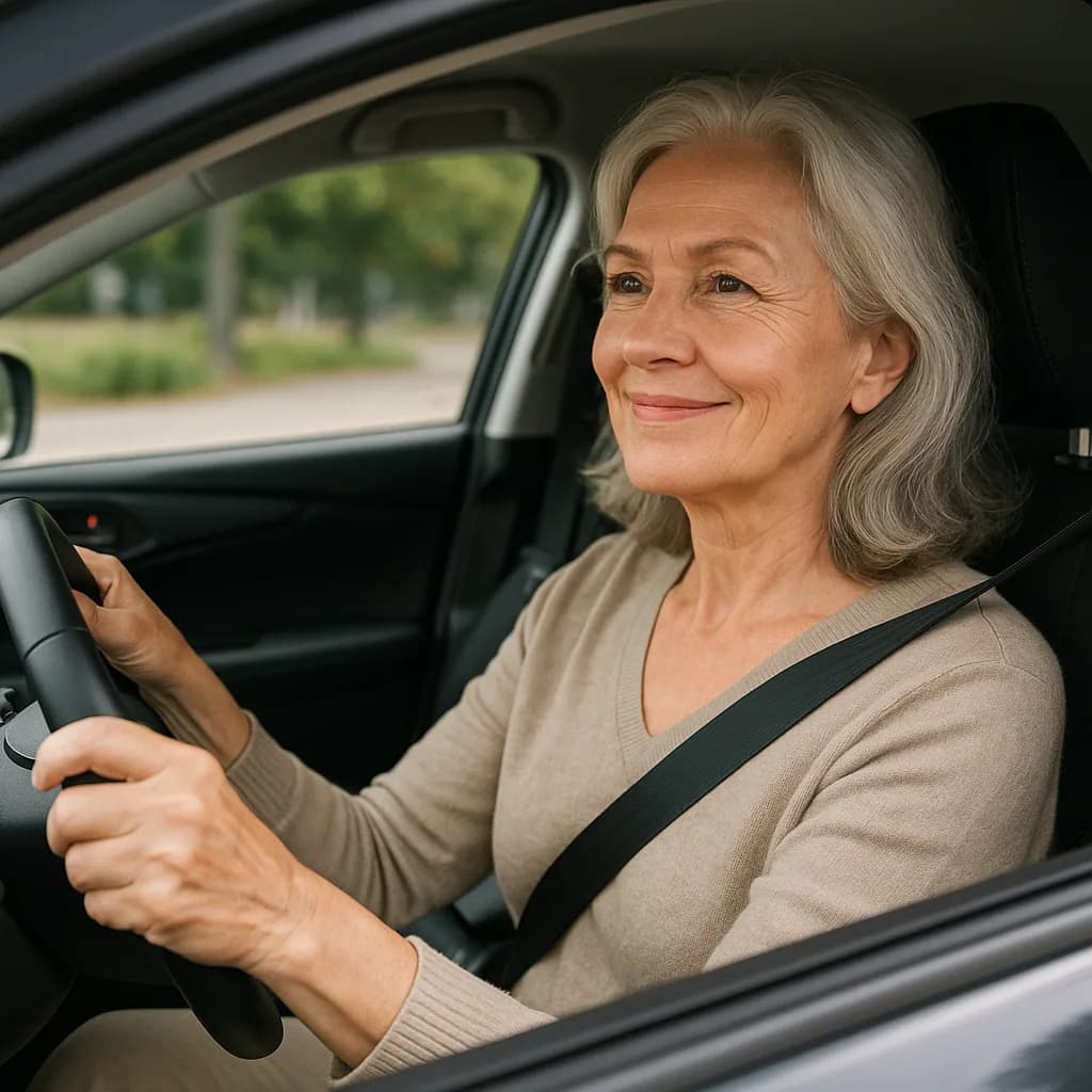 Senior woman with gray hair smiling while driving a car, wearing seatbelt and beige sweater