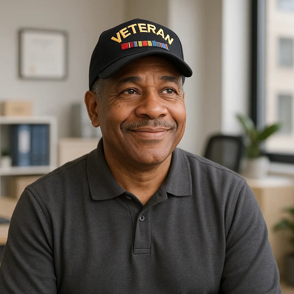 Smiling veteran wearing military service cap and polo shirt in indoor portrait setting