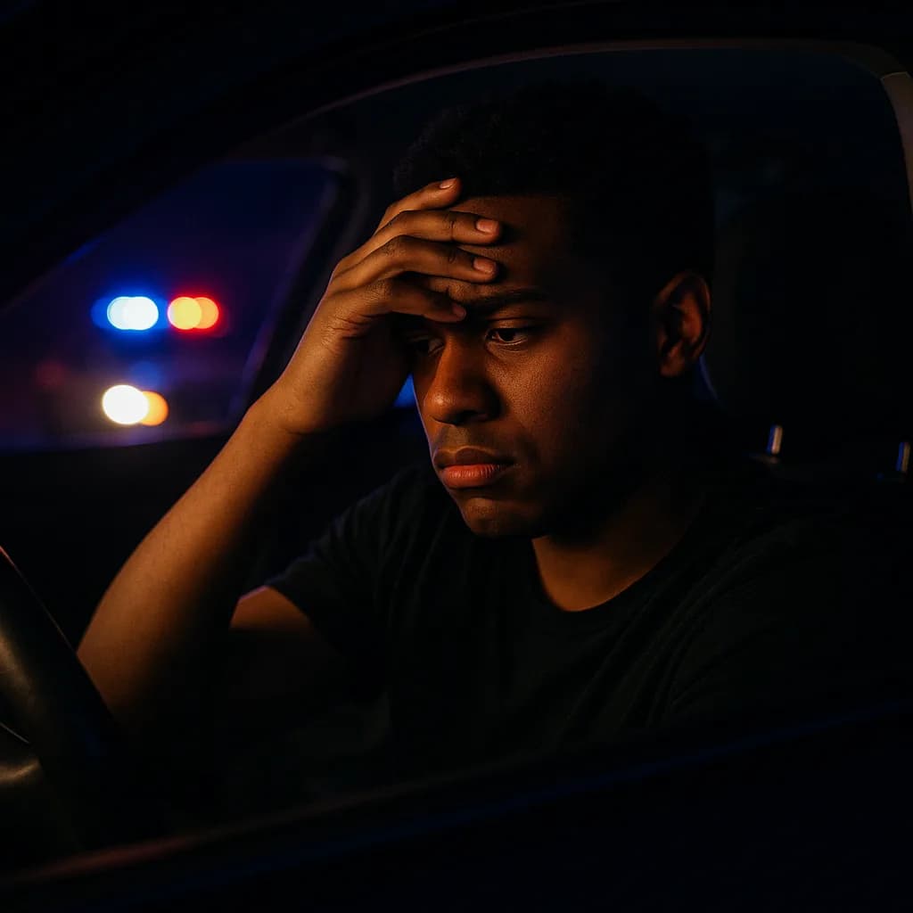 Young man looking distressed with hand on forehead, police lights visible in background at night