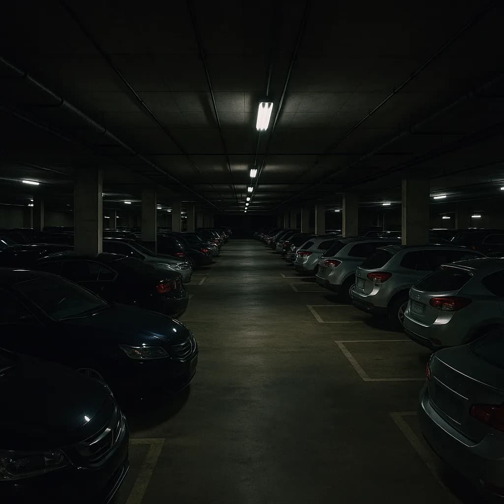 Dark underground parking garage with rows of parked cars under dim fluorescent lighting
