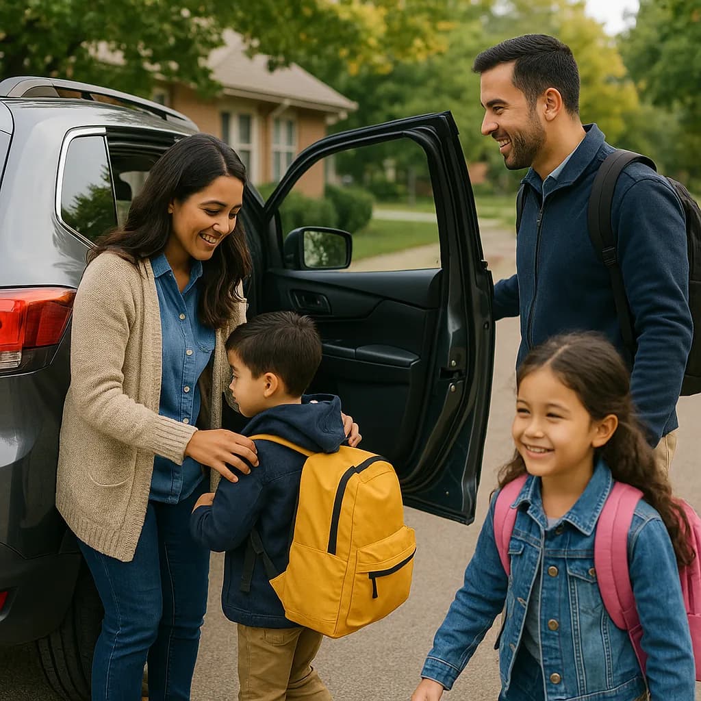 Happy family with two children wearing backpacks standing by car during school drop-off