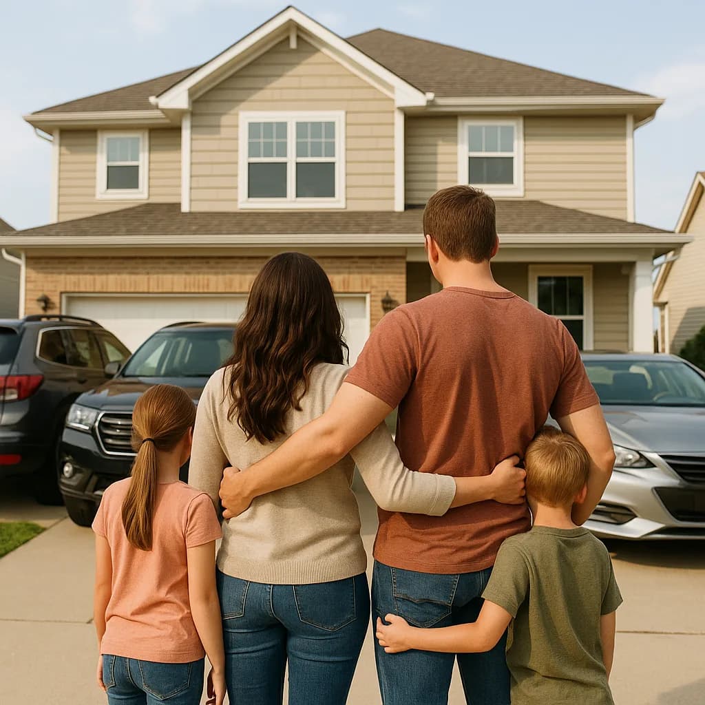 Family of four viewing their suburban home from the driveway, standing together with arms around each other