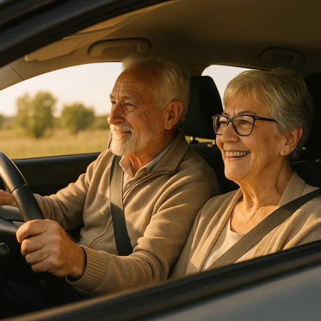 Happy senior couple smiling while driving together in car during sunset